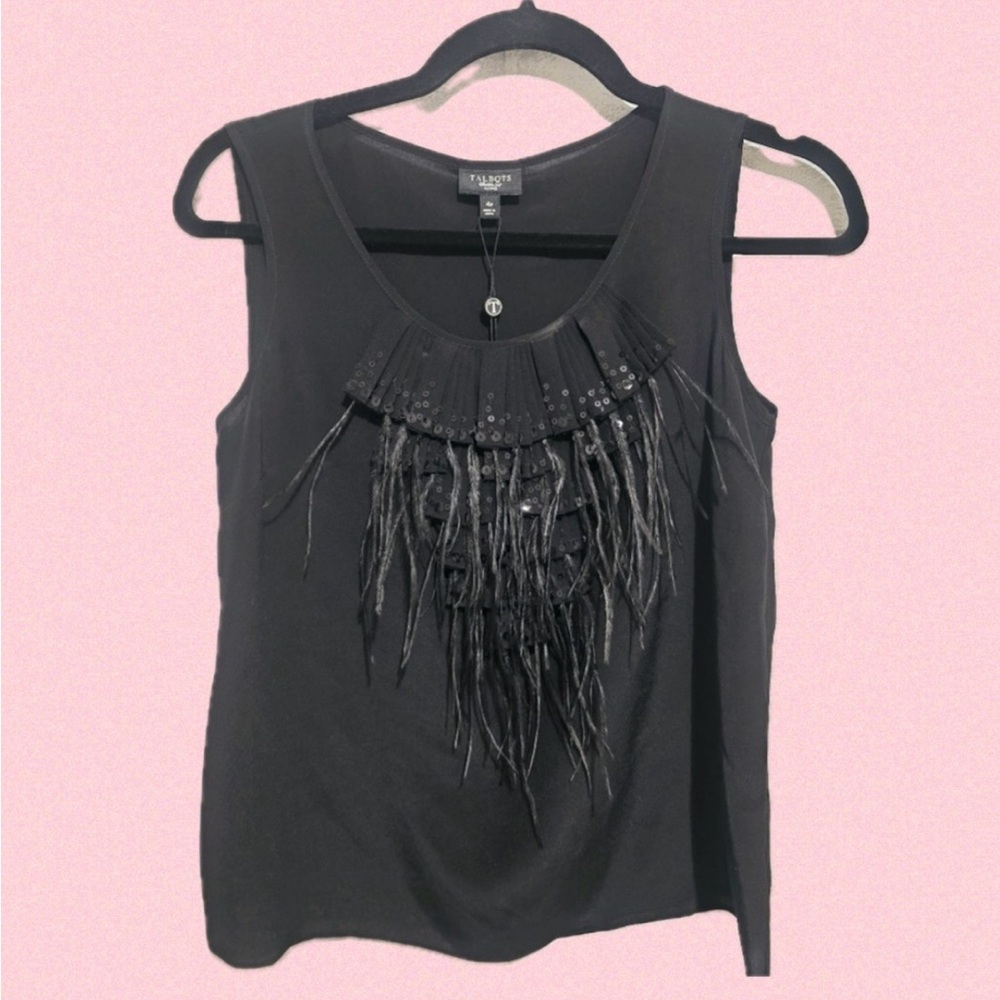 Talbots 💯 Silk Black Sequin Feathers Sleeveless Top